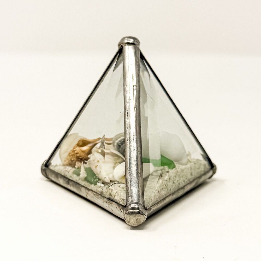 Vintage Signed Stained Glass Pyramid Paperweight Seashell Sand Sea Glass Art